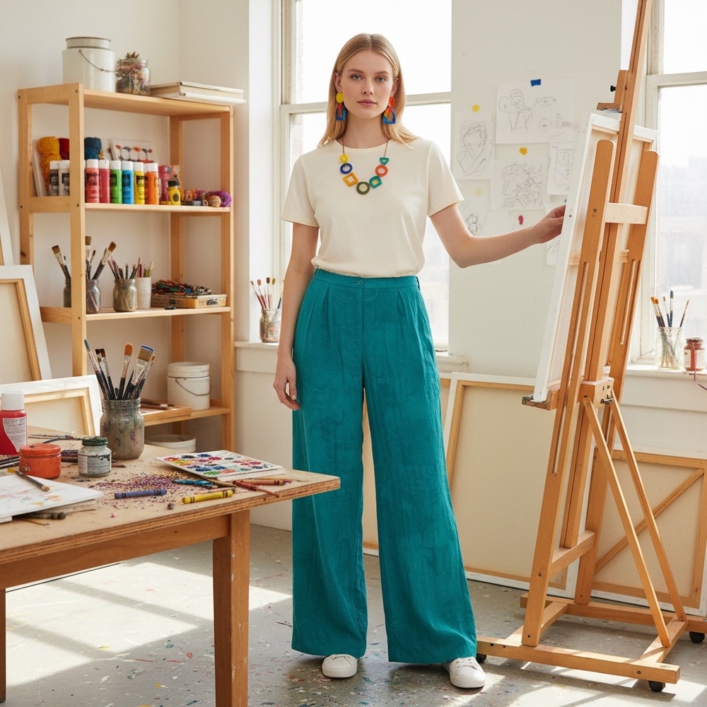 Vintage Pierre Lamonte Teal Rayon Wide Leg Pants Size M 29 Waist‎